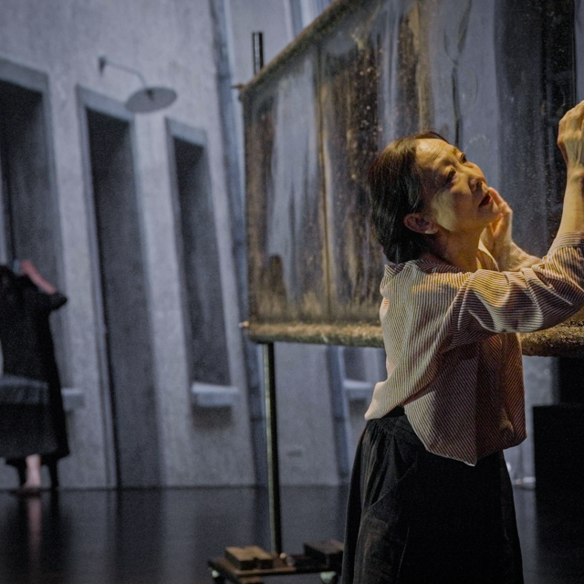 Wen Hui und Eiko Otake, zwei Frauen &uuml;ber 60, vor schwarzem Hintergrund. K&ouml;rper ineinander verschlungen, konzentrierter und angestrengter Blick auf den Gesichtern, das fahle Licht wirkt bedr&uuml;ckend.